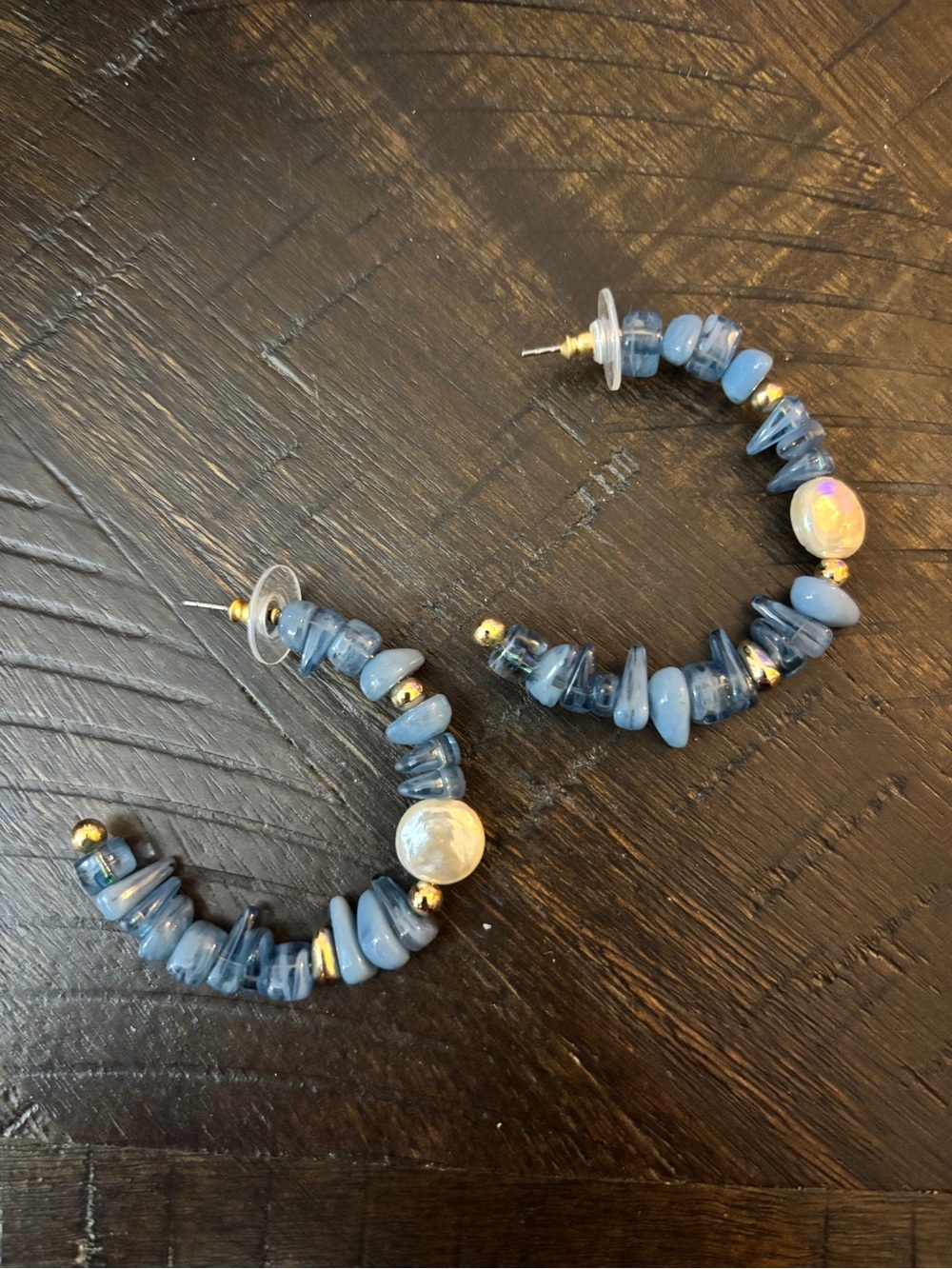 Blue Beaded Hoop Earrings with Iridescent Accent